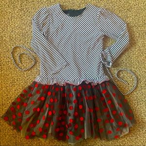Girl’s Size 8 Long Sleeve Black and White Stripe Dress with Red Polka Dots